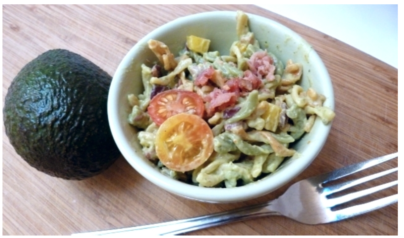 Bacon, Tomato Pasta Salad with Avocado Dressing